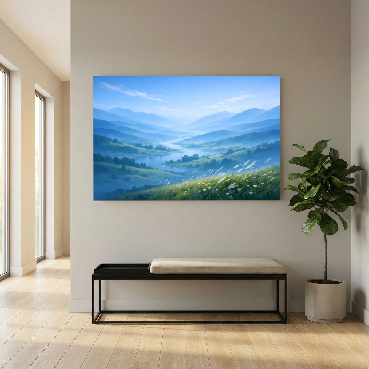 Querformatiges Wandbild mit blauer Einfassung: Alpennebel über grünen Wiesen am Hang