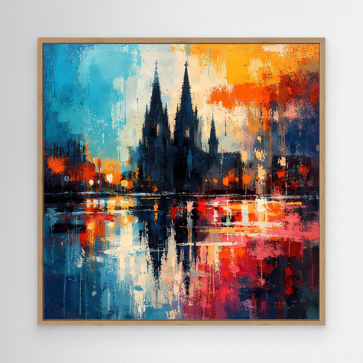 Abstraktes Leinwandbild mit Kathedraltürmen und Spiegelung im Fluss, Eichenrahmen