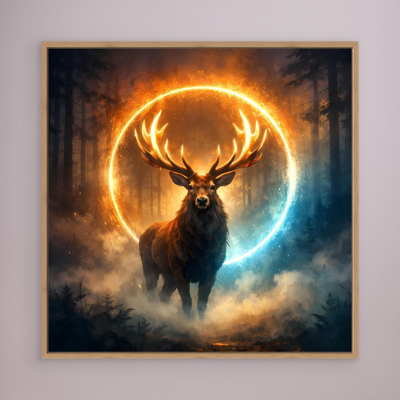 Leinwandbild mit Hirsch und leuchtendem Kreis, im Eichenrahmen