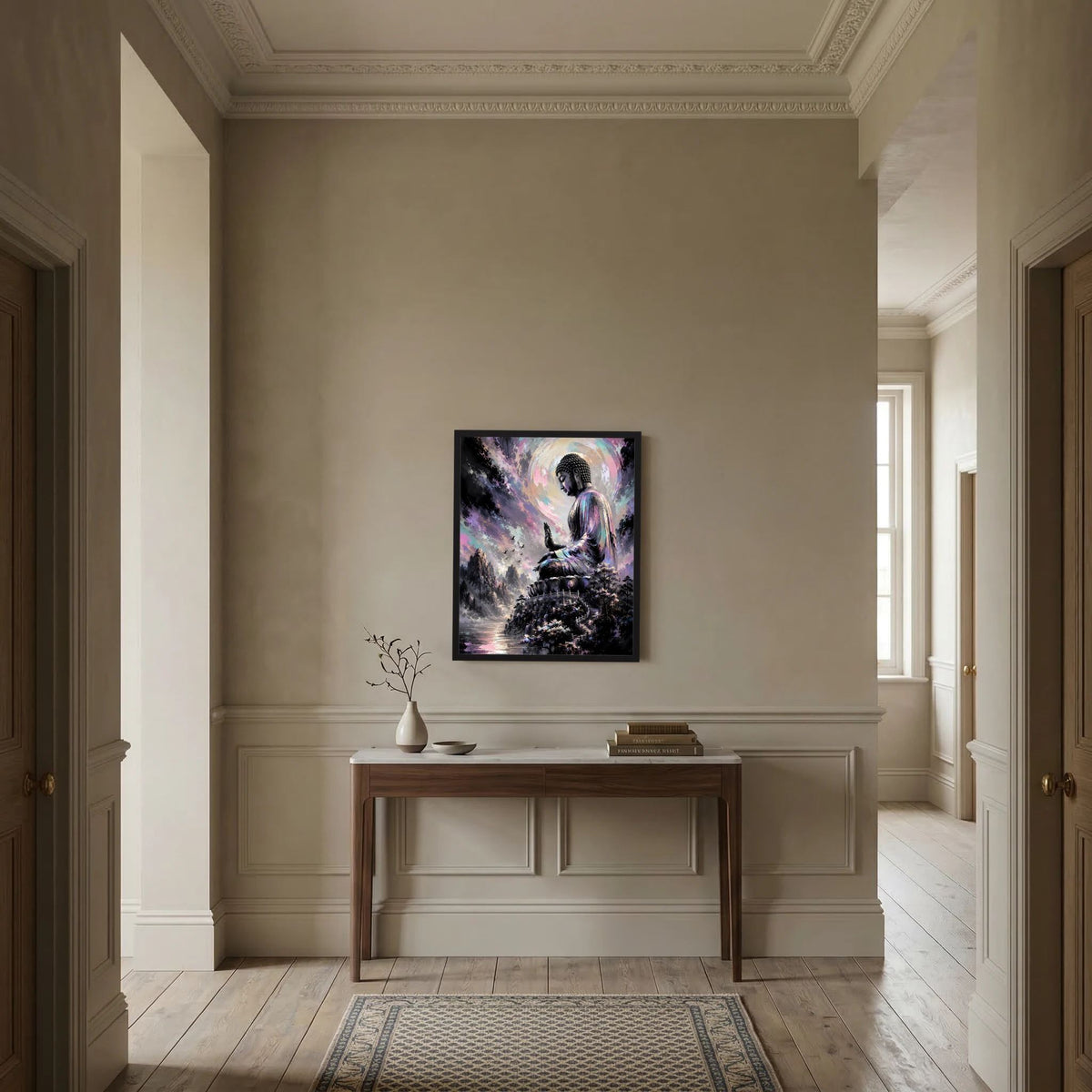 Gerahmtes Kunstposter mit sitzendem Buddha, Pastellfarben und leuchtendem Kreis-Halo