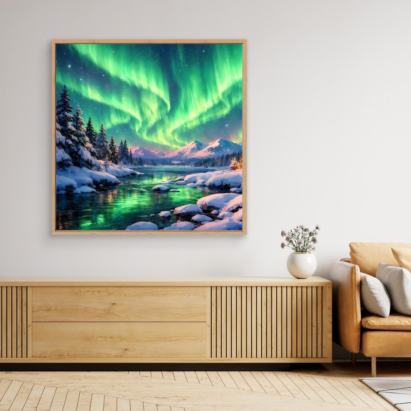 Leinwandbild Magische Polarlichter | Winterliche Polarlicht-Nacht Wandbild auf echtem Holzkeilrahmen