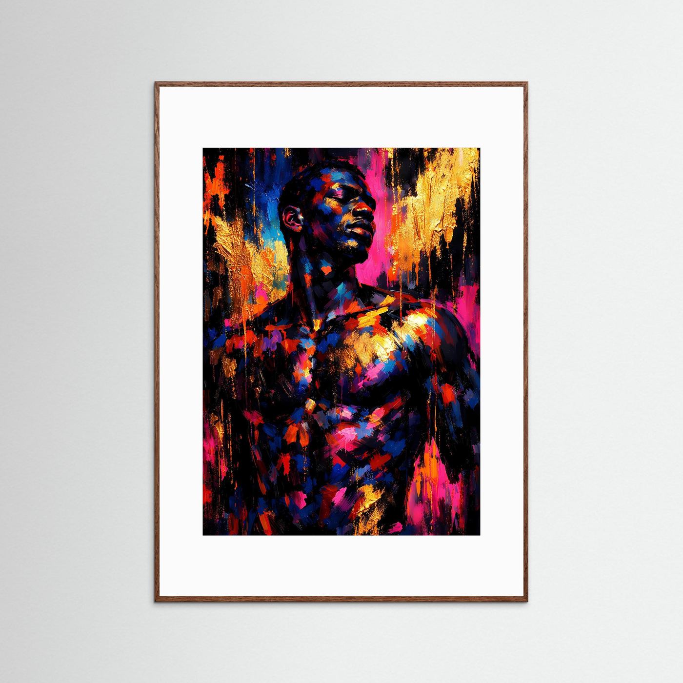 Kunstposter Hochformat: abstraktes Männerporträt in Blau, Magenta & Gold, brauner Rahmen