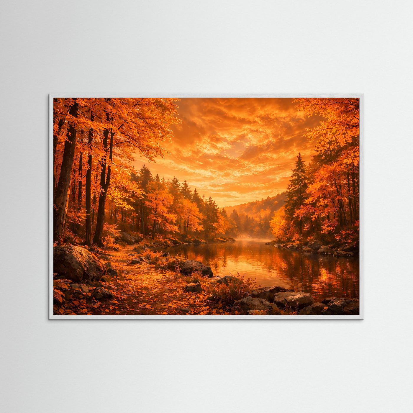 Poster Herbstwald am Flussufer | Goldener Herbstabend Wandbild