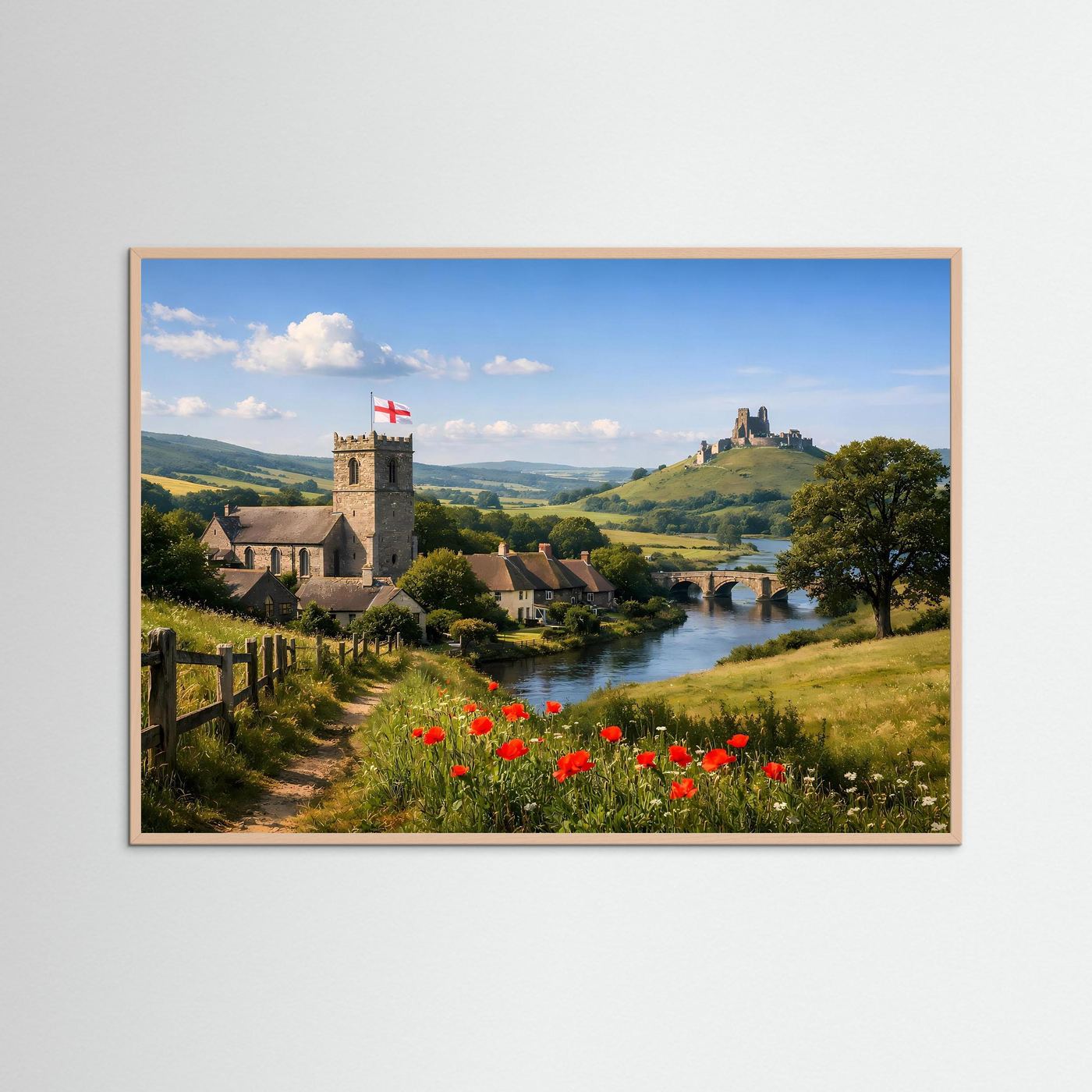 Panorama-Naturposter mit Burgruine, Fluss und roten Mohnblumen im hellen Holzrahmen