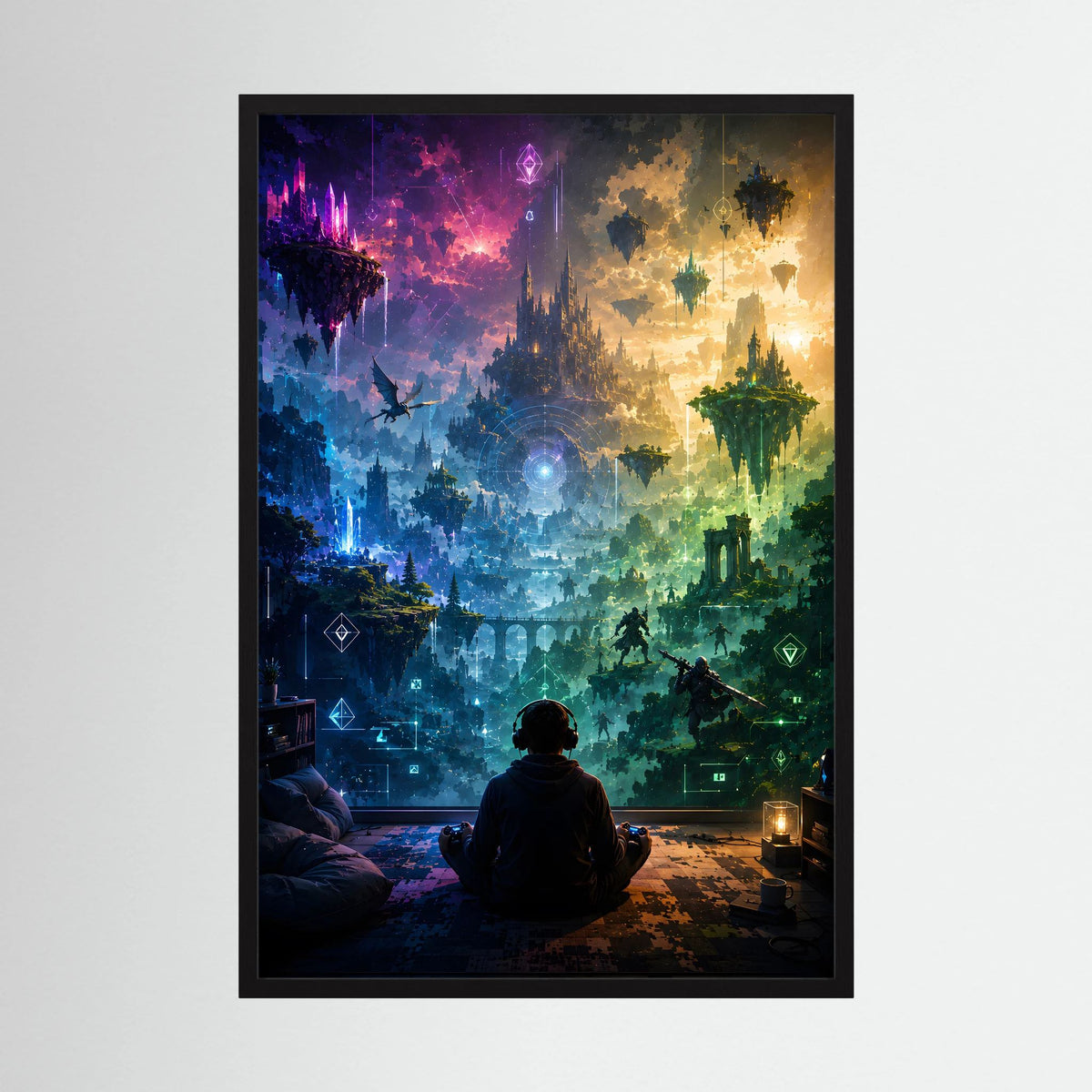 Kunstposter im schwarzen Rahmen mit Gaming-Landschaft und schwebenden Inseln, Hochformat