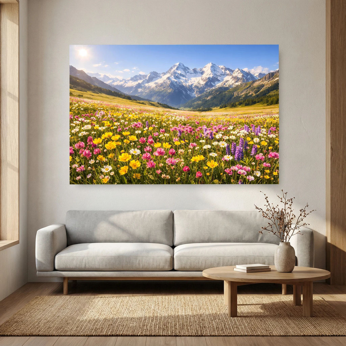 Wandbild im Querformat: Blumenmeer in der Bergwiese vor markanten Alpenbergen