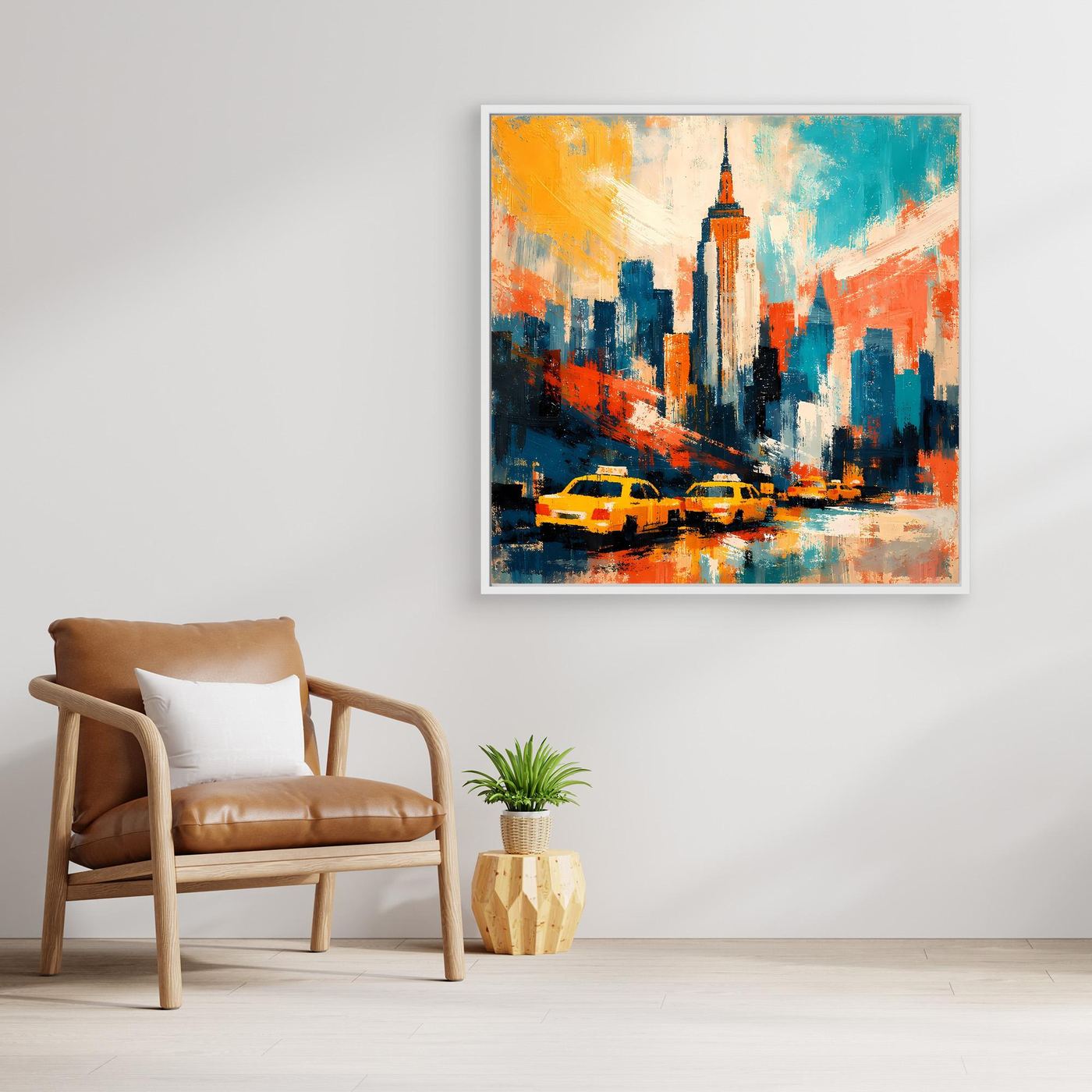 Quadratisches Leinwand-Wandbild mit New-York-Skyline und gelben Taxis, im hellen Rahmen
