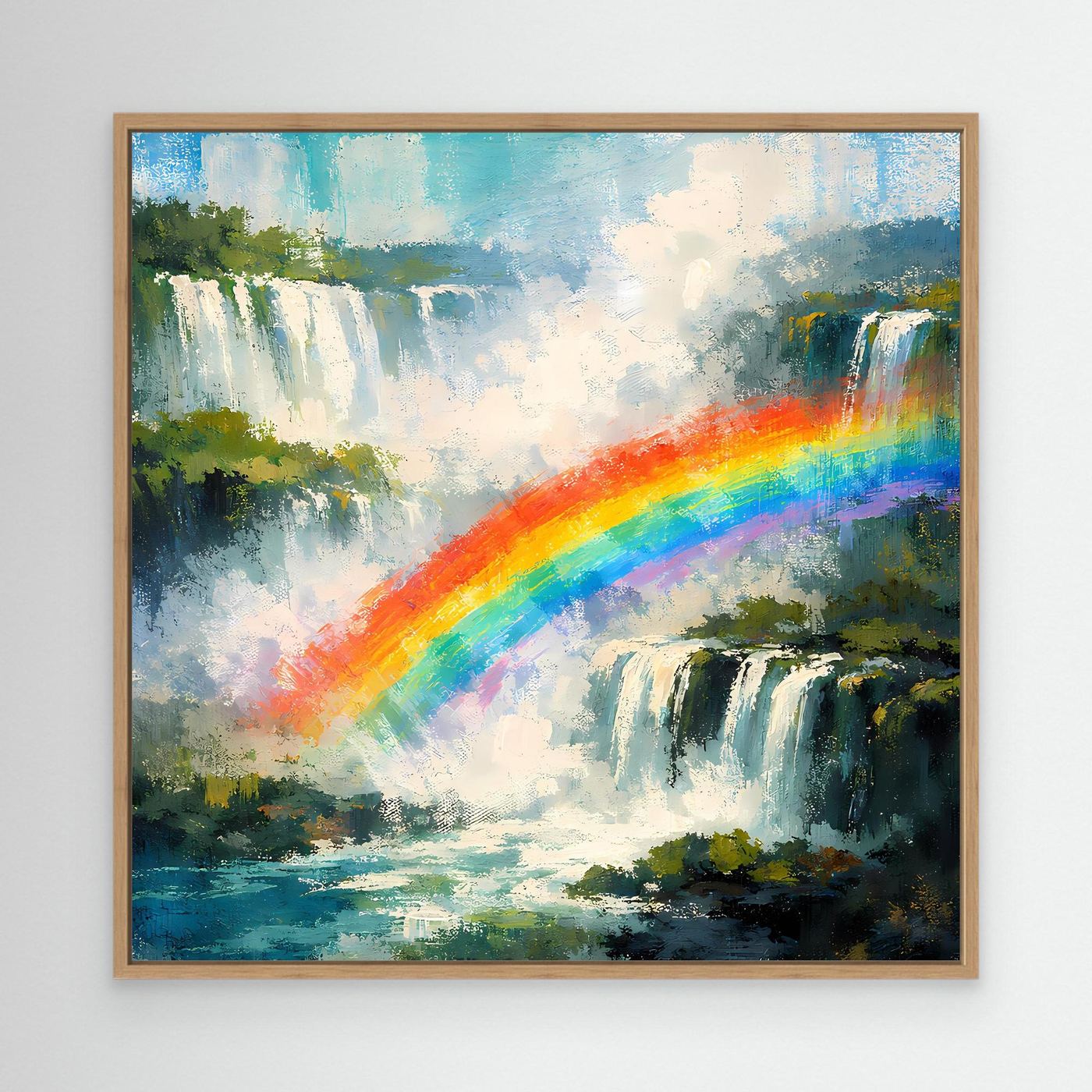Leinwand-Wandbild Wasserfall mit Regenbogen, buntes Naturmotiv im Holzrahmen