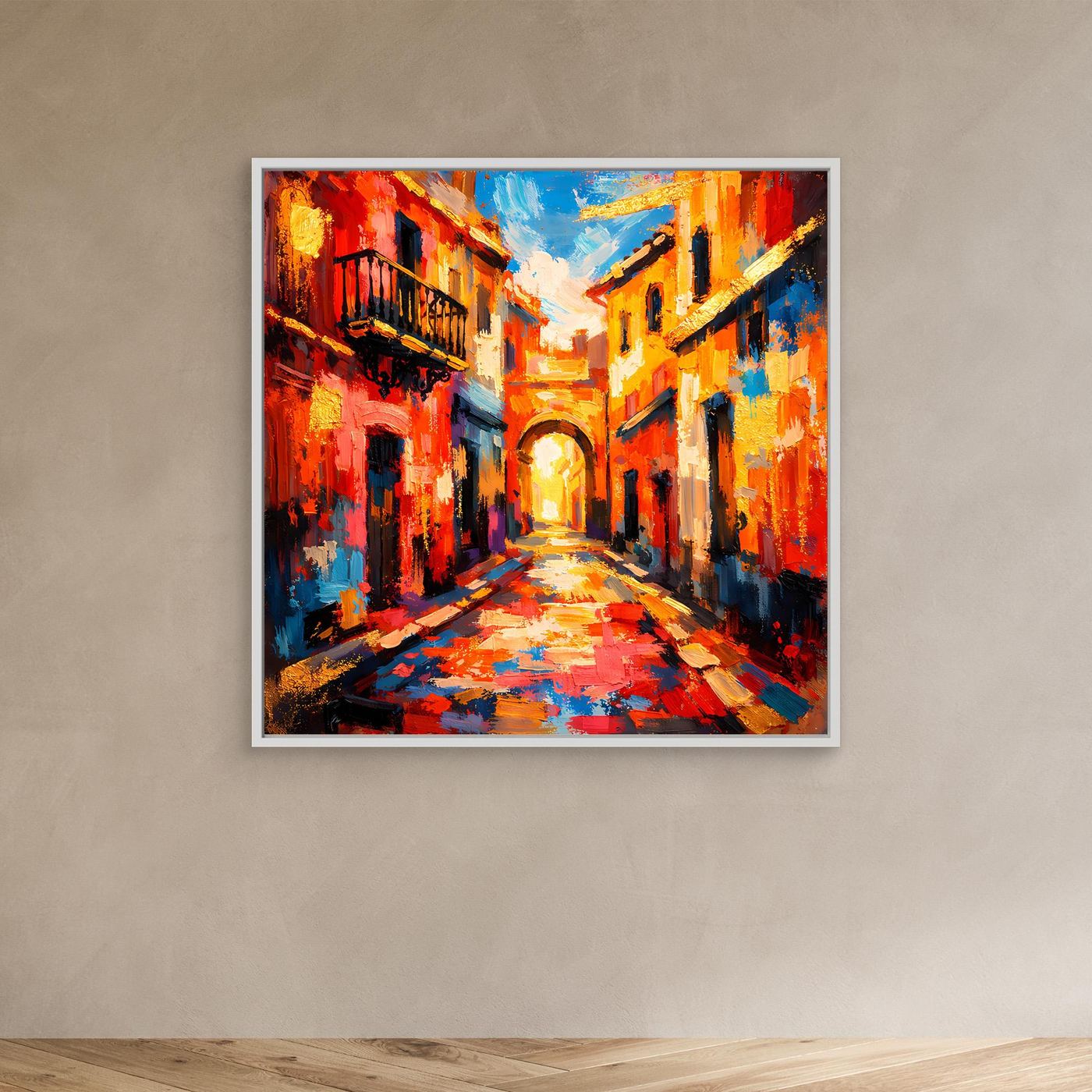 Abstraktes Leinwandbild mediterrane Altstadtgasse mit farbigen Fassaden und Pflasterweg, mit weißem Rahmen