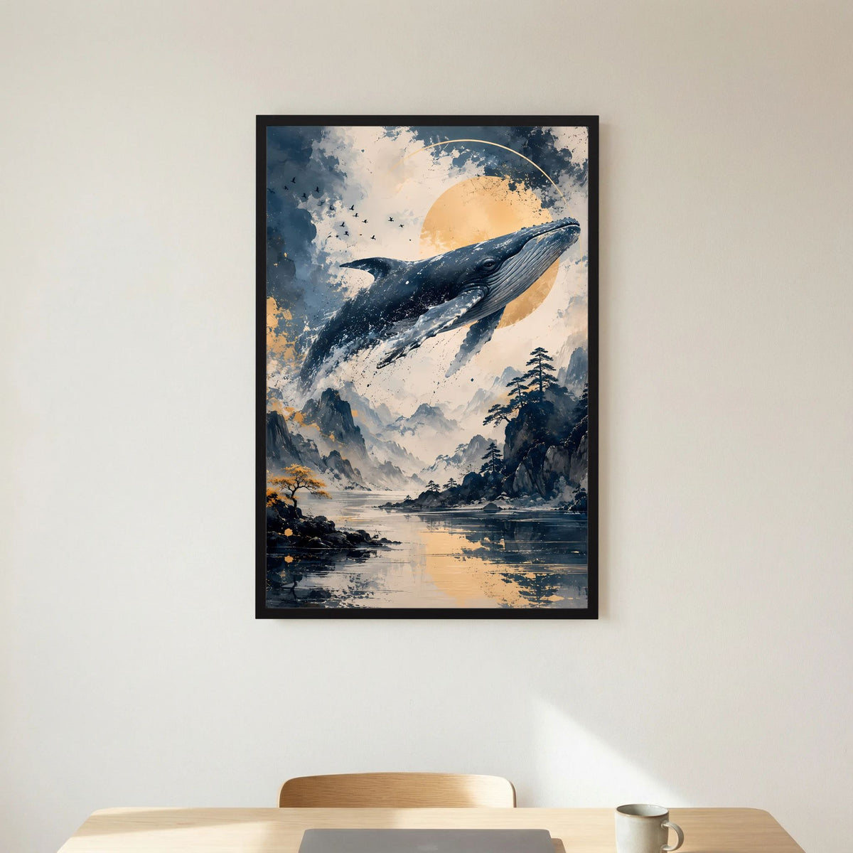 Poster im Hochformat mit Wal-Motiv in Blau und Creme im schwarzen Rahmen