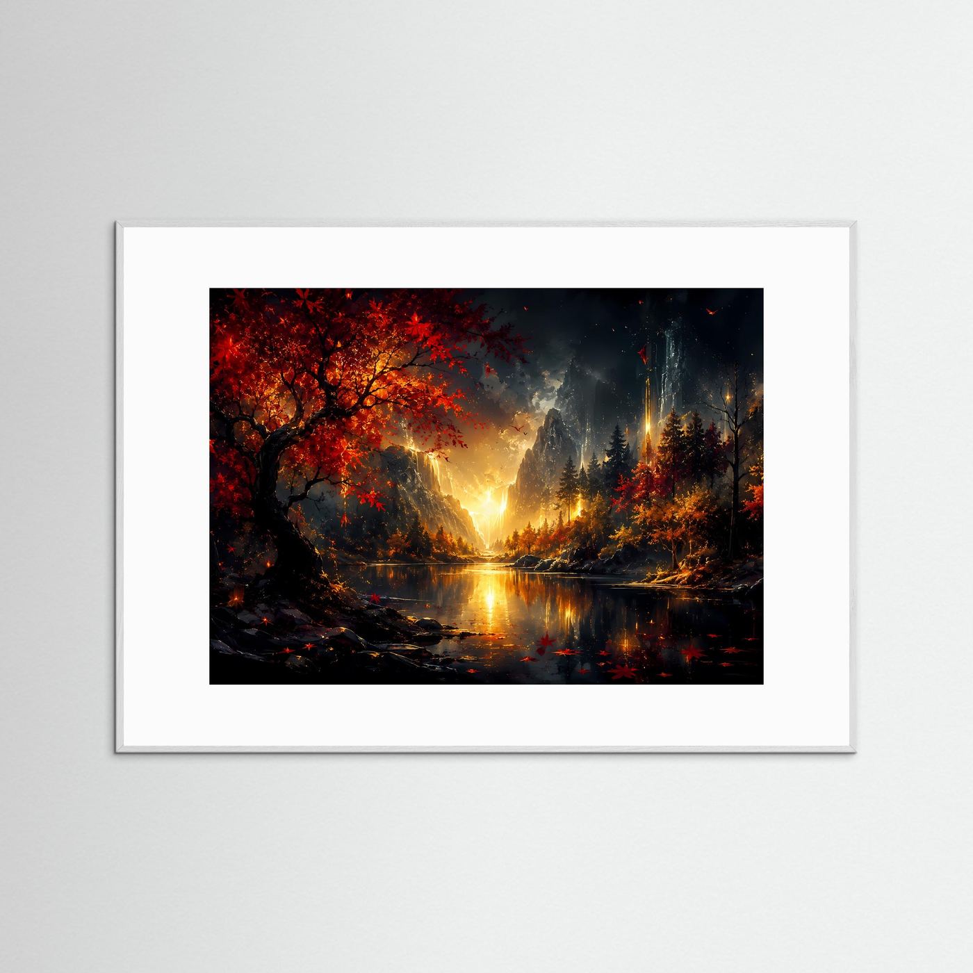 Magischer Herbstwald mit Wasserfall | Goldene Landschaft in Rot & Schwarz