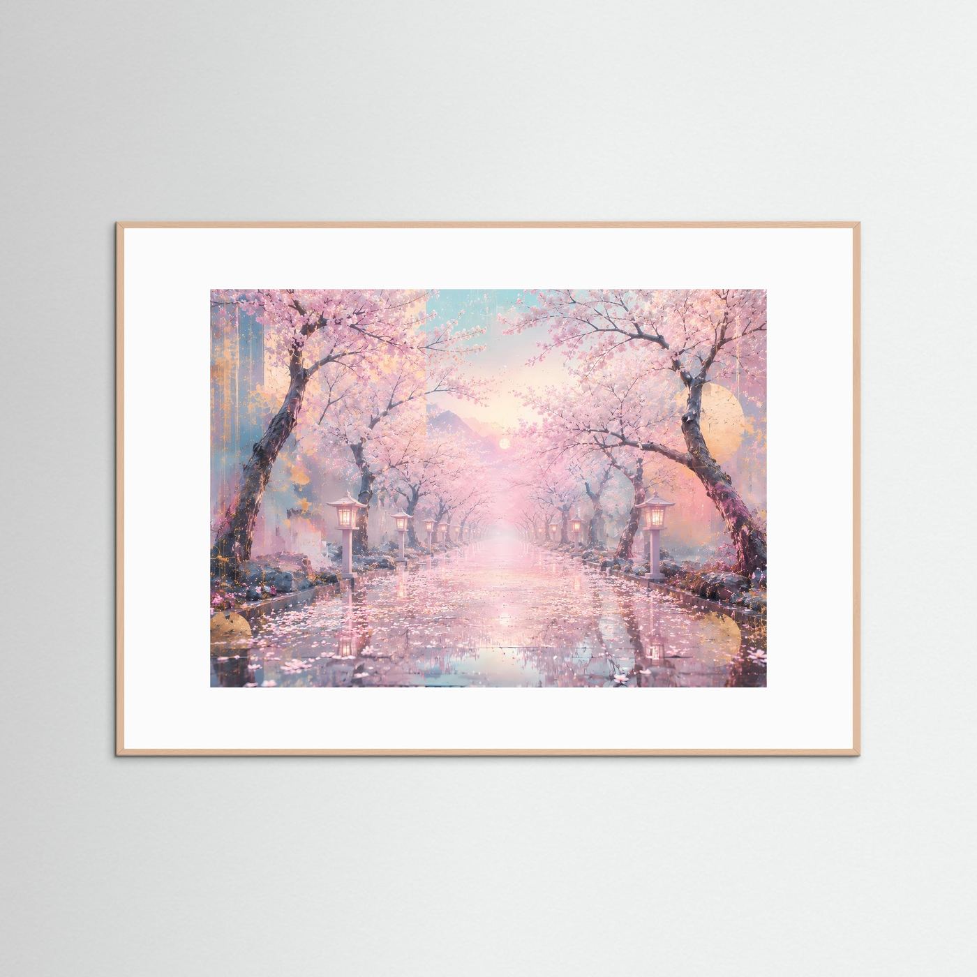 Kirschblütenweg im Morgenlicht | Japanische Sakura Landschaft in Rosa & Gold – Elegante Wandkunst