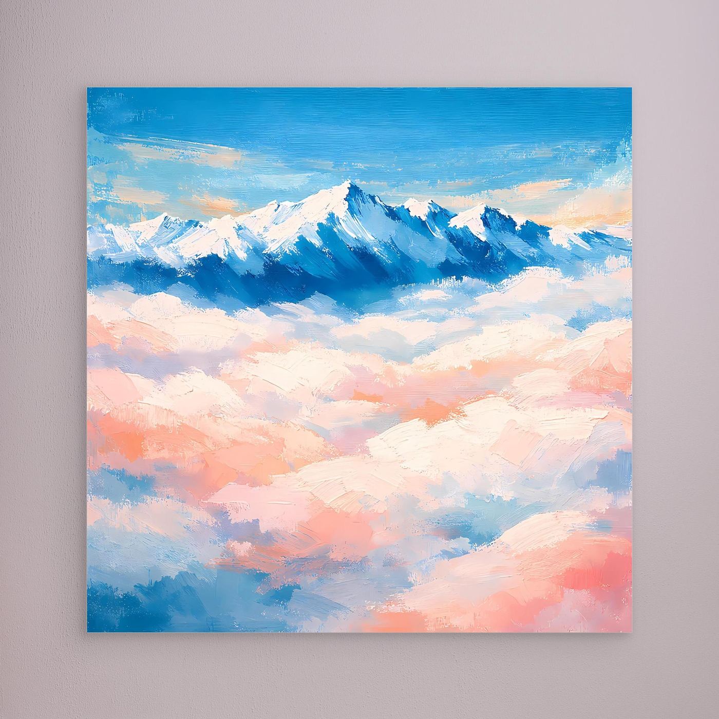 Leinwand-Wandbild mit schneebedeckten Bergen über Wolken, ohne sichtbaren Rahmen