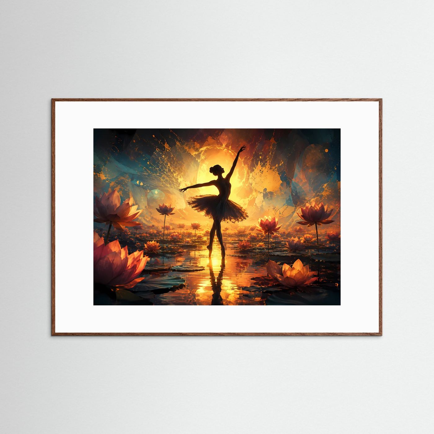 Ballerina Lotus Poster | Tänzerin Silhouette bei Sonnenuntergang | Spirituelle Wandkunst | Abstrakte Lotusblüten | Moderne Fine Art | Premium Wandbild
