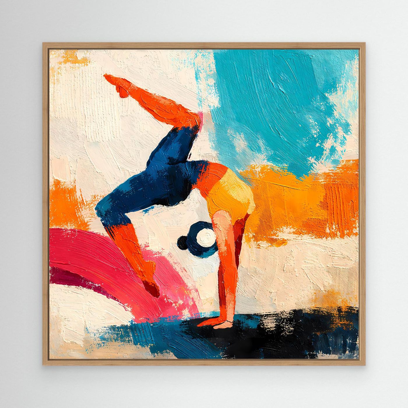 Framed abstract yoga handstand wall art with blue, orange, red and teal dynamic figure