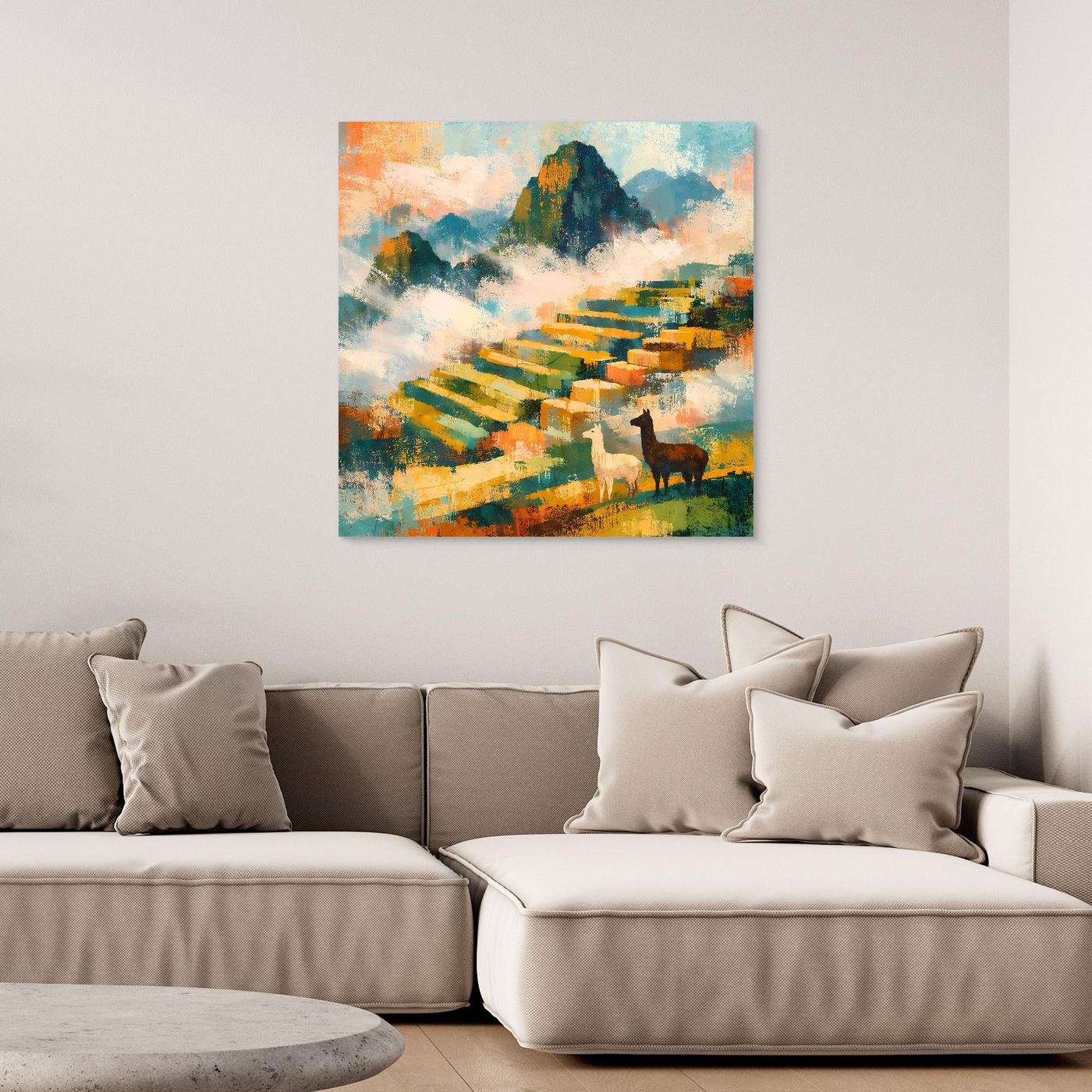 Leinwand-Wandbild mit abstrakter Berglandschaft und Alpakas, mit dünnem Rahmen