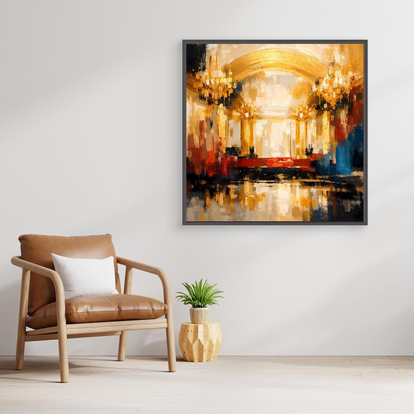 Leinwand Abstraktes Palast Saal Gemälde | Modernes Elegantes Wandbild Ballsaal Gold Rot