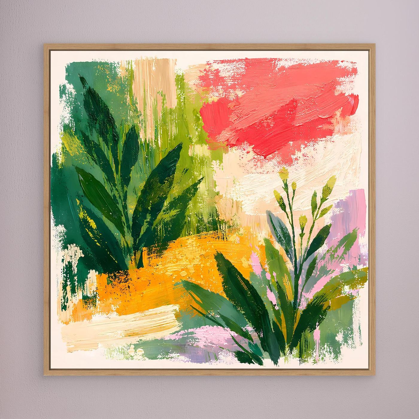 Oak-framed abstract botanical canvas wall art with green leaves, red top area, and purple details.