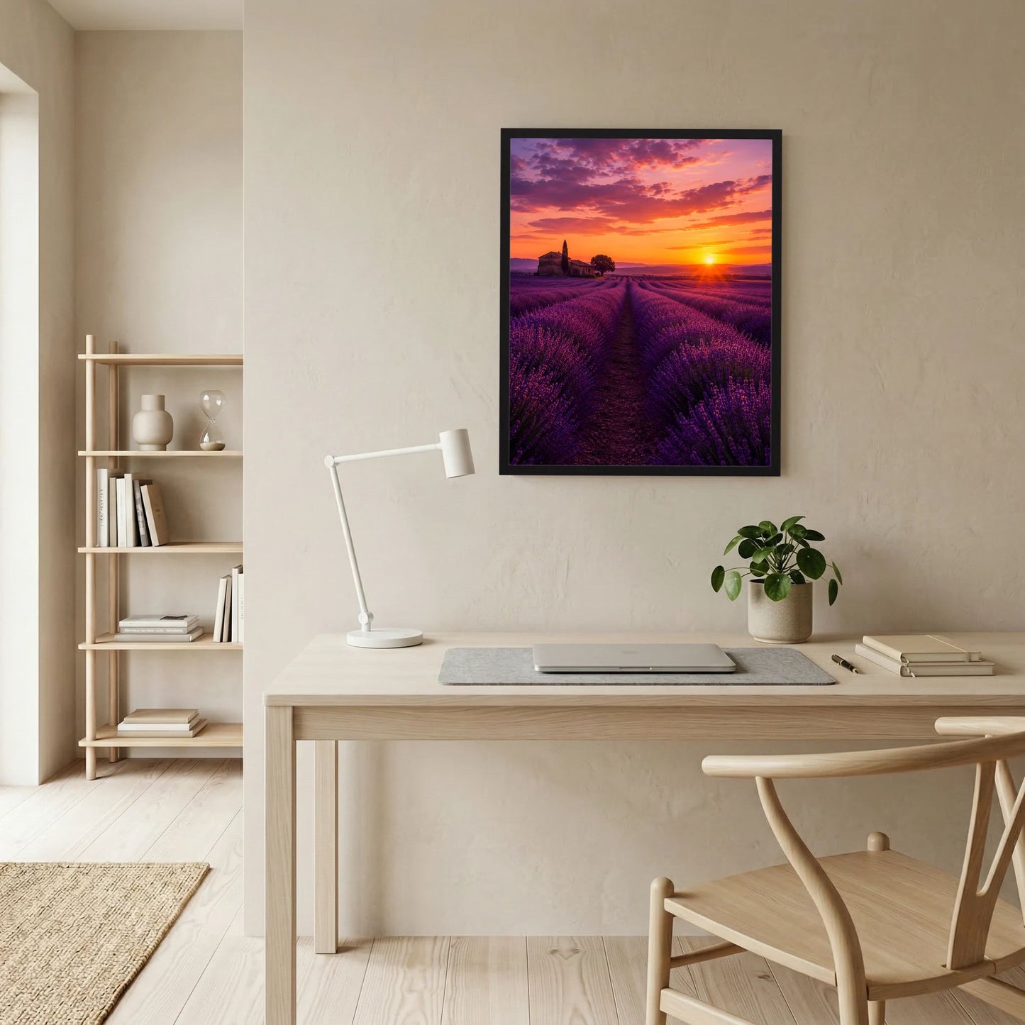 Kleines gerahmtes Landschaftsposter mit violettem Lavendelfeld und goldener Abendsonne