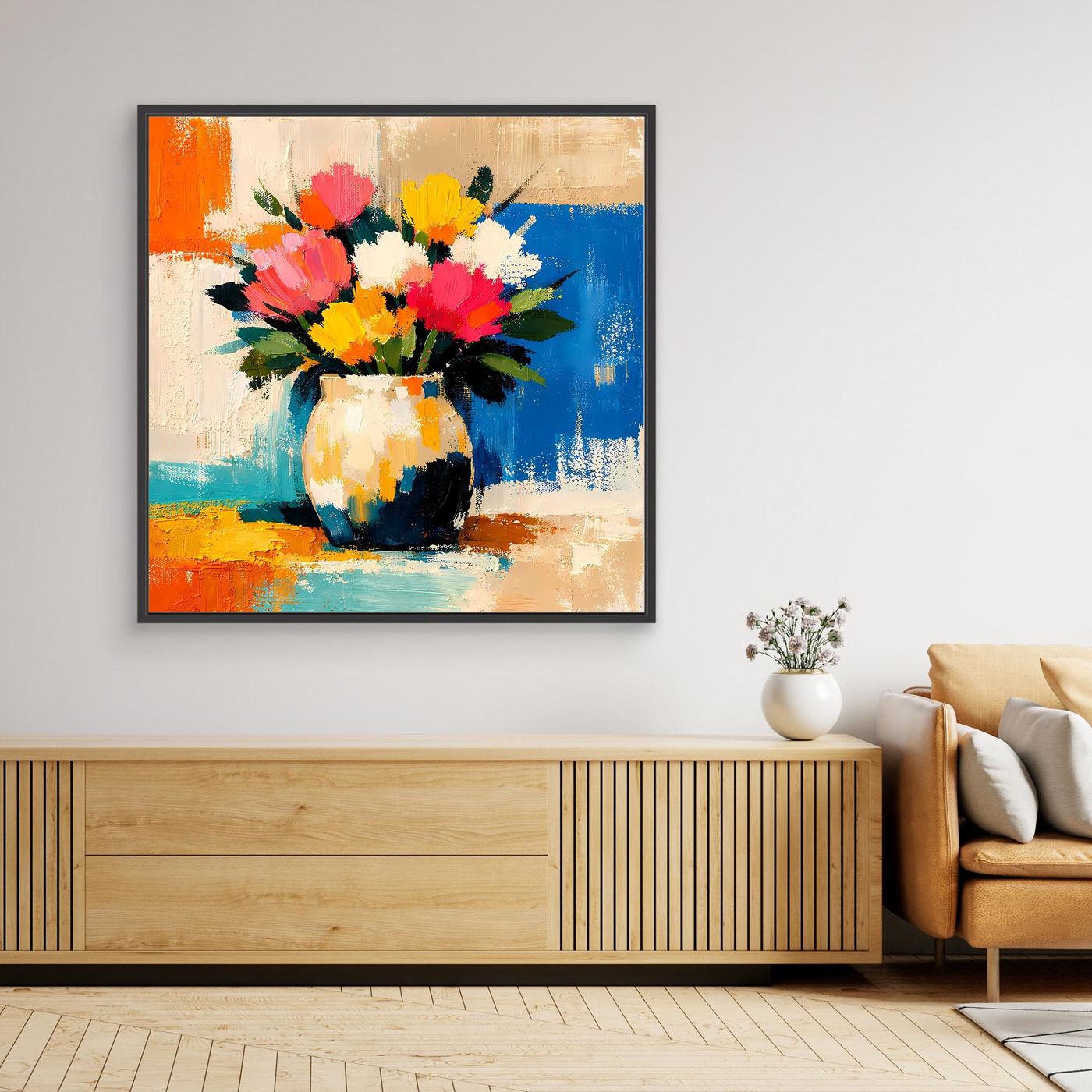 Framed canvas wall art with abstract bouquet in a white vase, colorful flowers, black frame