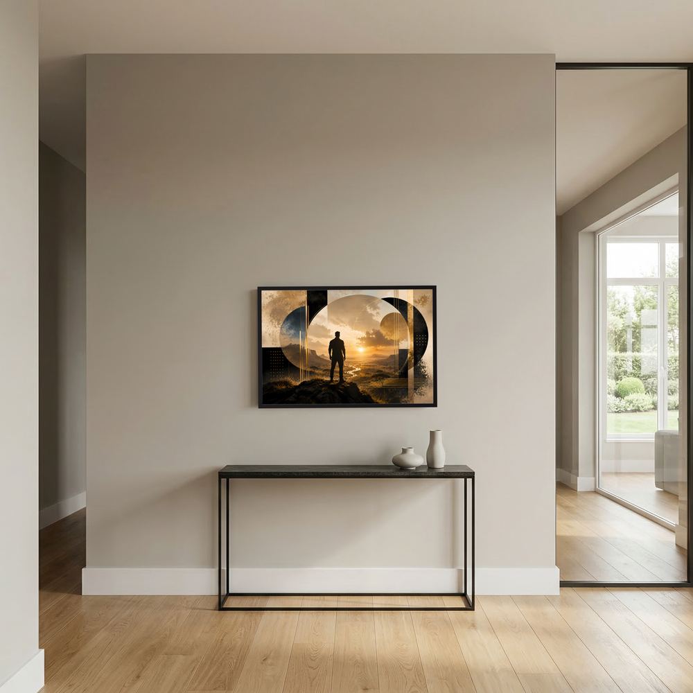 Kleines gerahmtes Poster mit Silhouette eines Mannes vor Sonnenuntergangslandschaft an der Wand