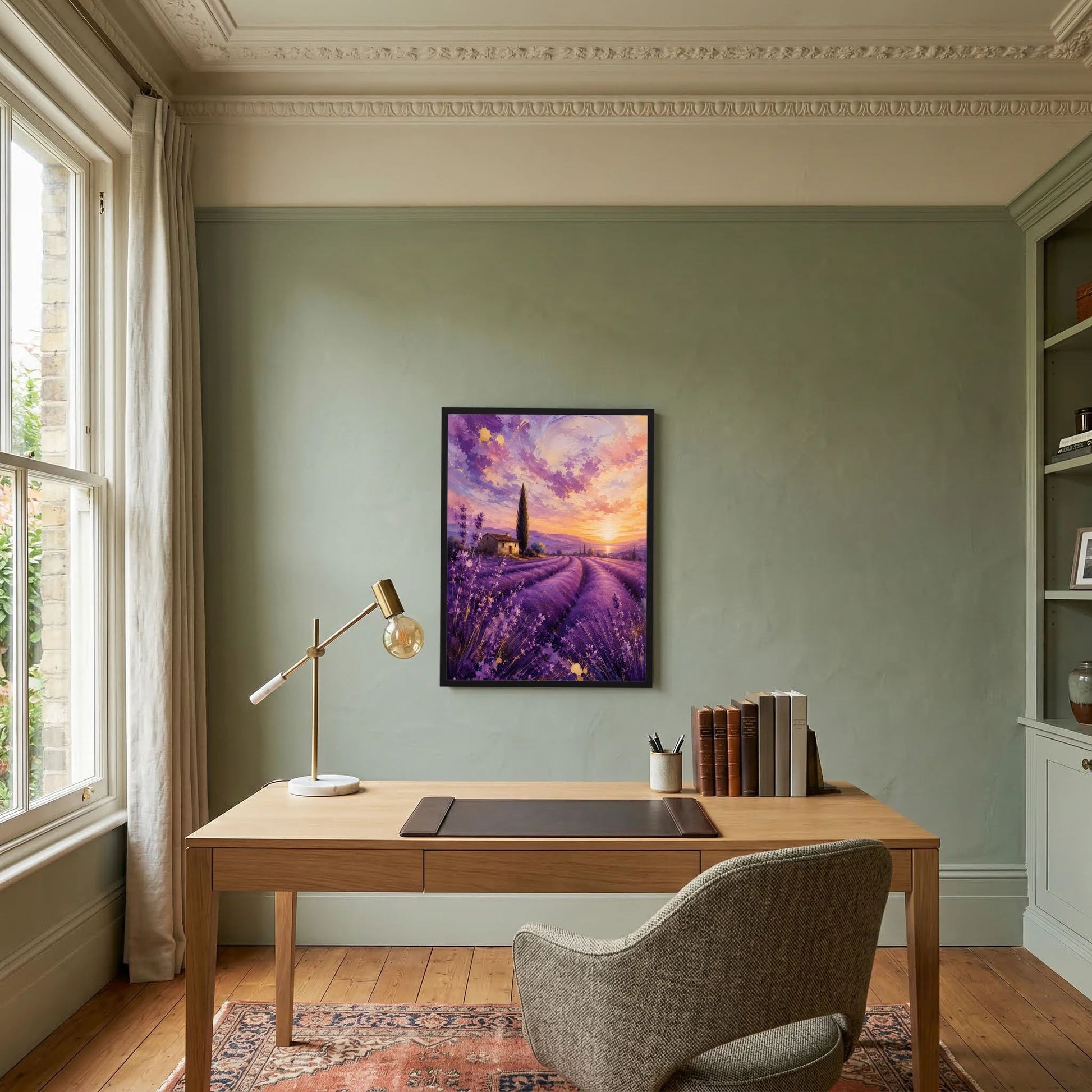 Gerahmtes Hochformat-Poster mit violettem Lavendelfeld und Kirchturm bei orangefarbenem Himmel