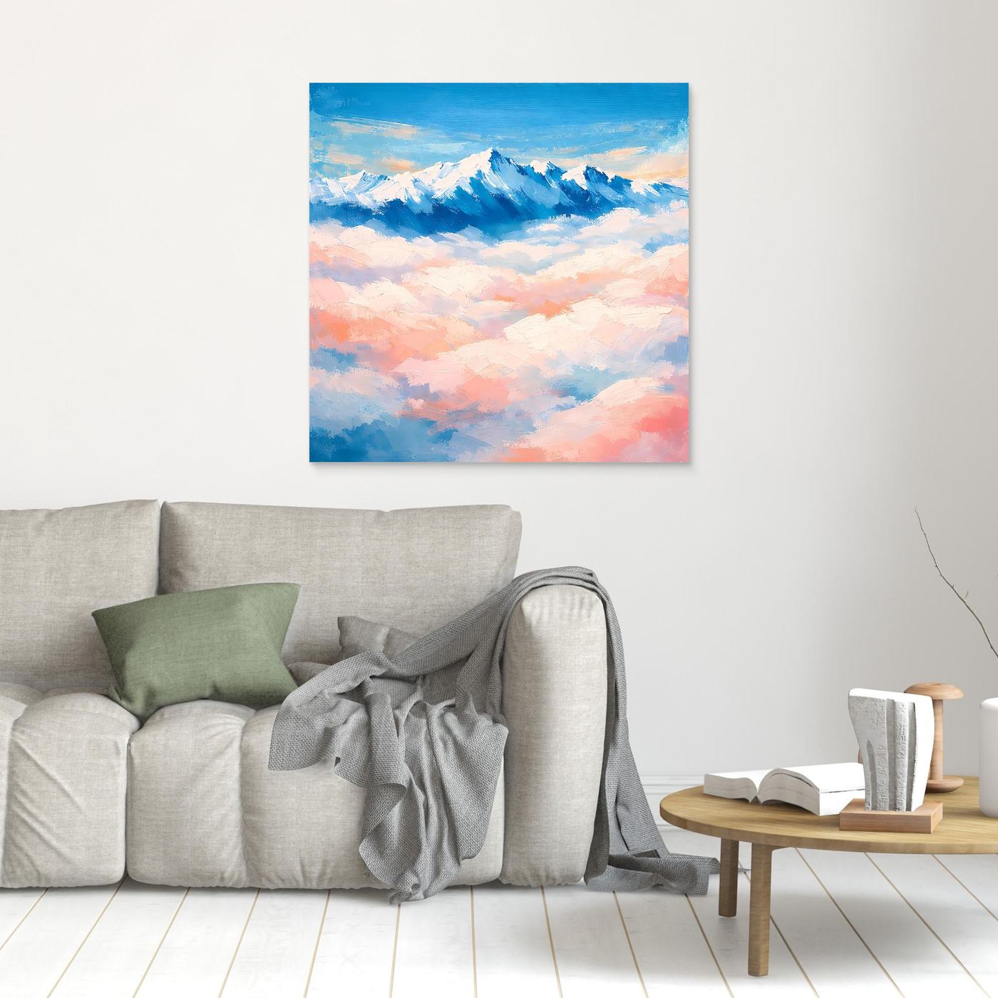 Leinwand-Wandbild mit schneebedeckten Bergen über Wolken, klein, braun gerahmt