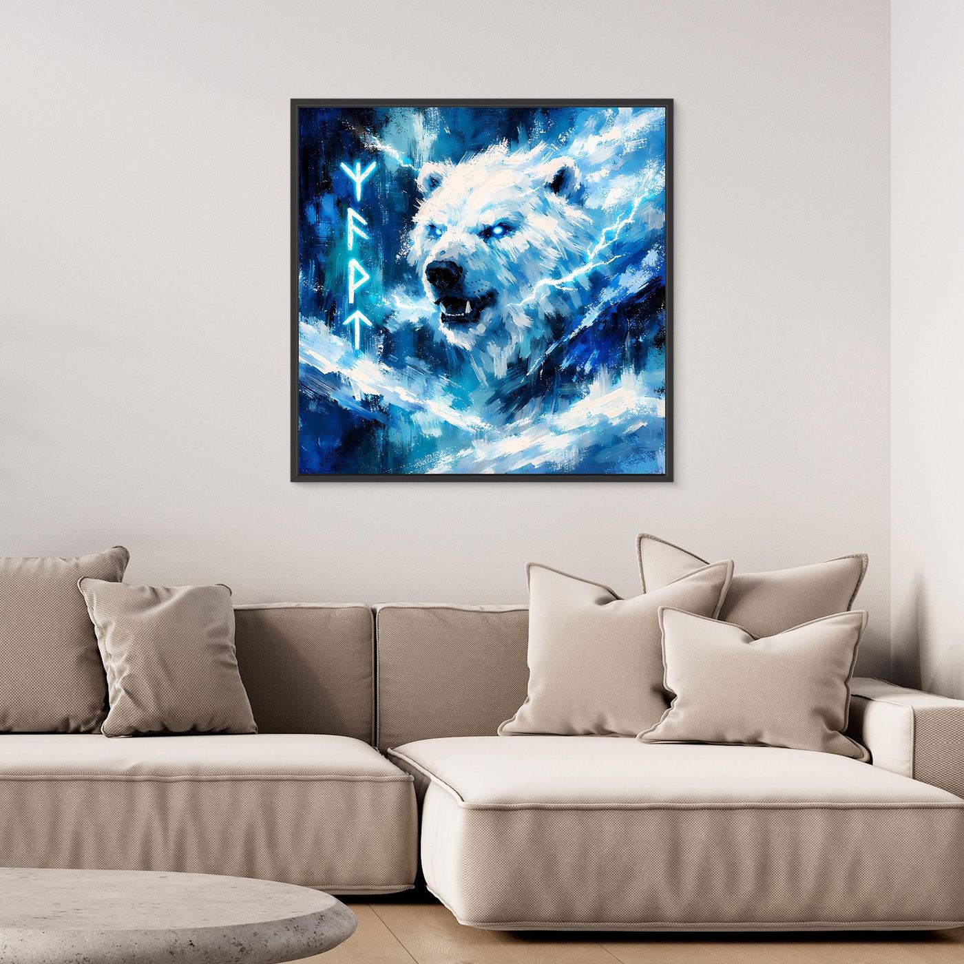 Leinwand-Wandbild im schwarzen Rahmen: Eisbär mit Runen, blaues Nordlicht
