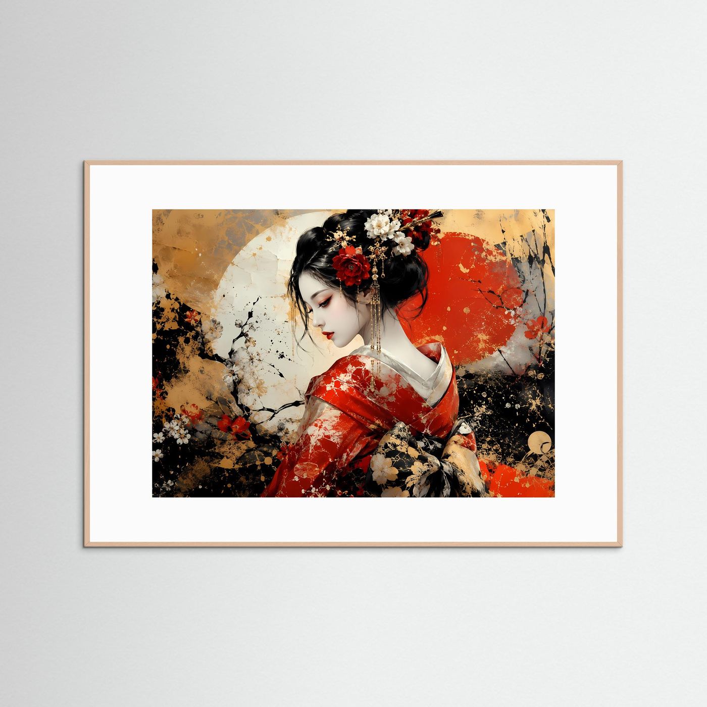 Geisha Poster Rot Gold | Japanische Wandkunst | Abstraktes Geisha Bild | Asiatische Fine Art | Luxuriöses Leinwandbild | Moderne Wanddekoration
