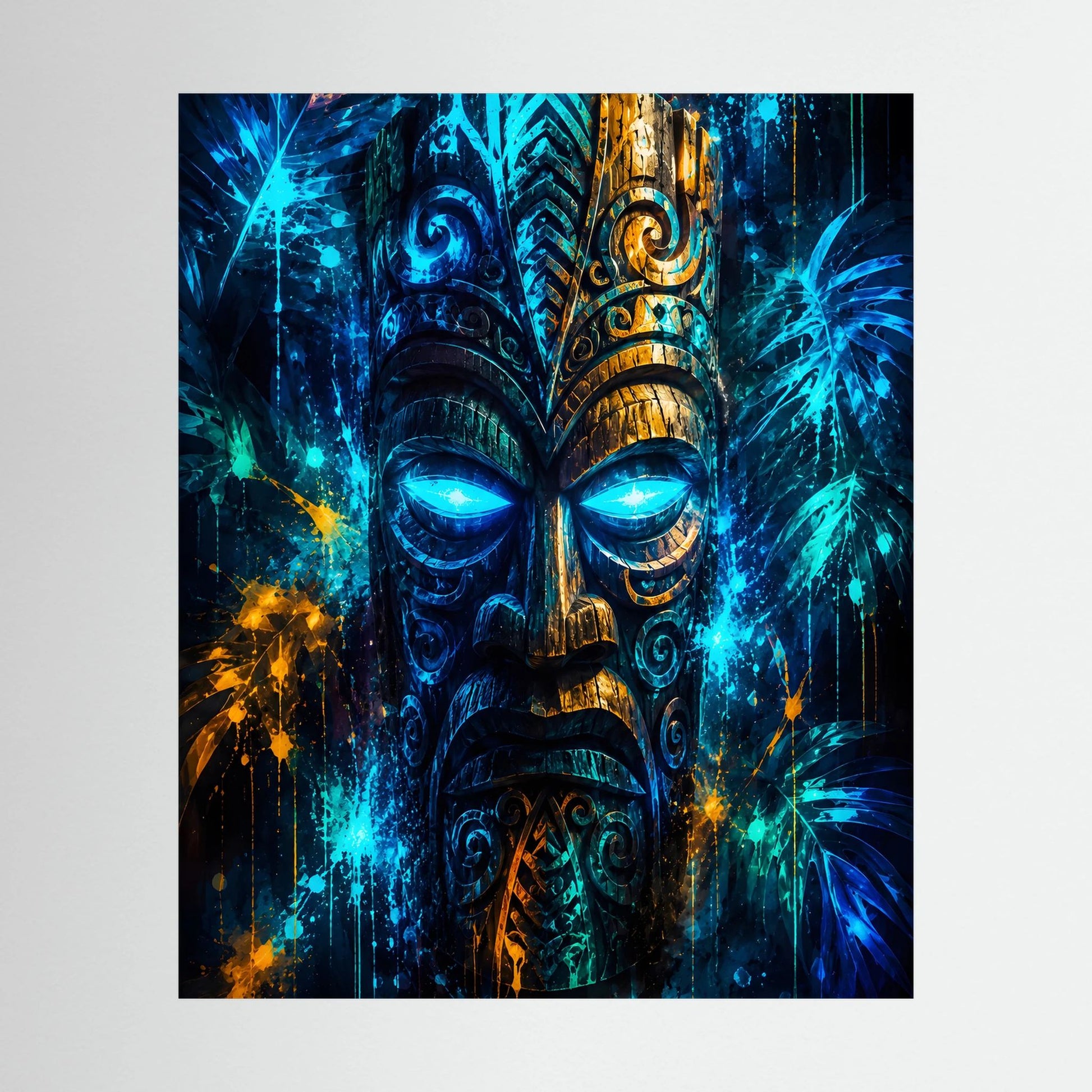 Hochformatiges Kunstposter mit Tiki-Maske in Blau, Türkis und Gold, leuchtenden Augen, gerahmt