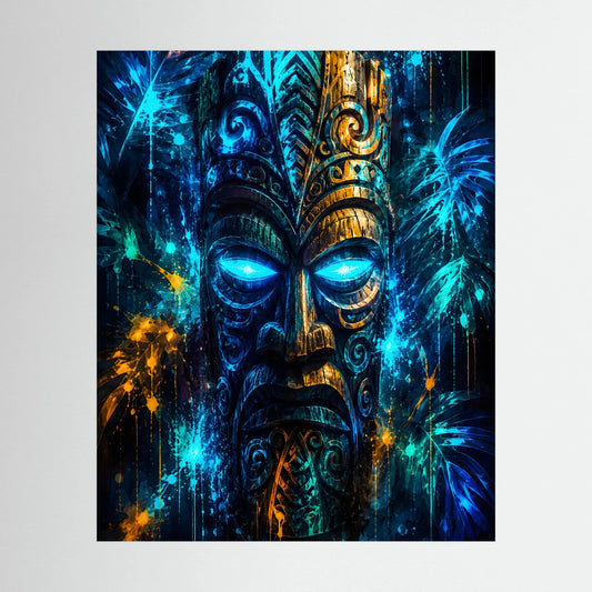 Hochformatiges Kunstposter mit Tiki-Maske in Blau, Türkis und Gold, leuchtenden Augen, gerahmt