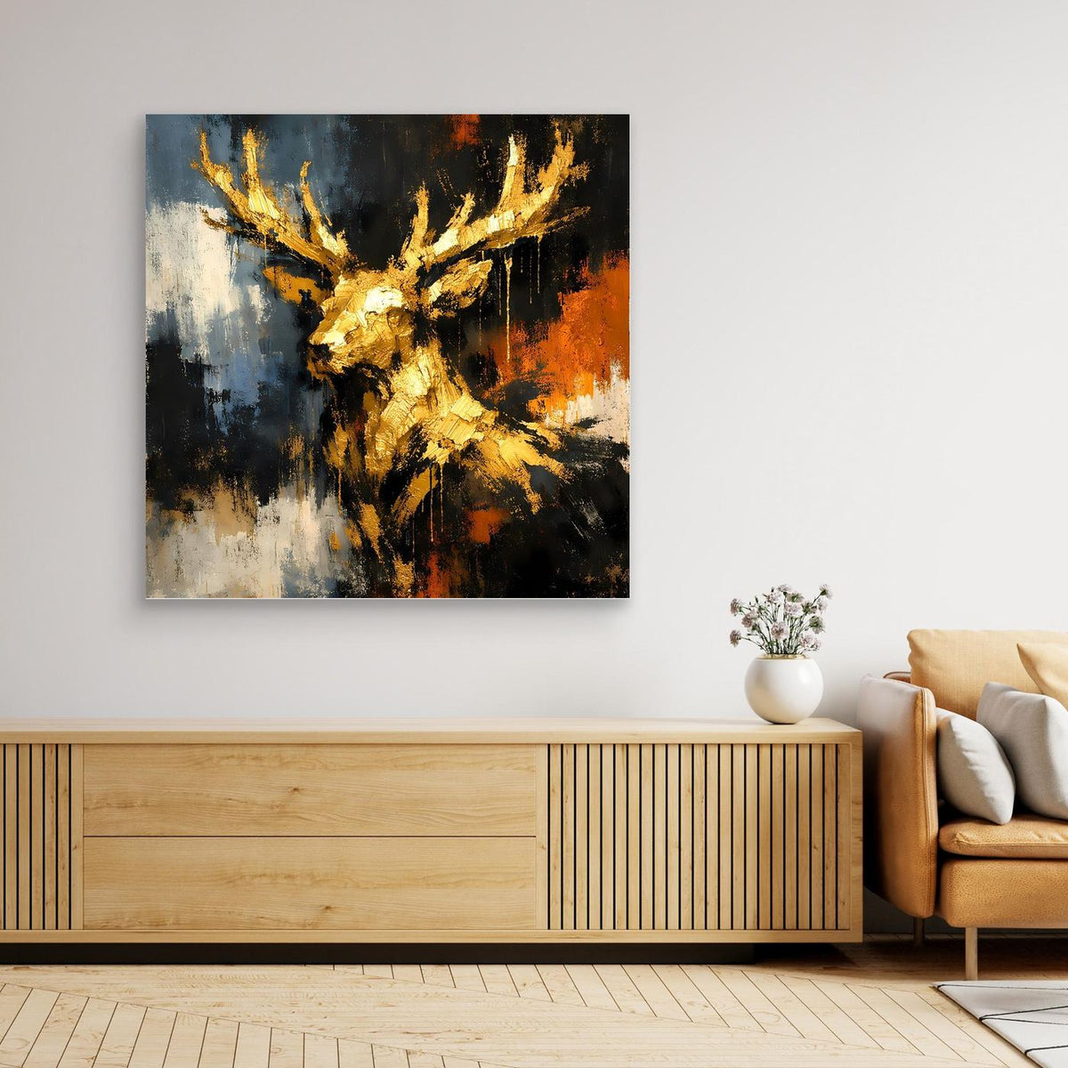 Leinwand-Wandbild mit goldfarbenem Hirschkopf und Geweih, abstrakt in Blau, Schwarz und Orange