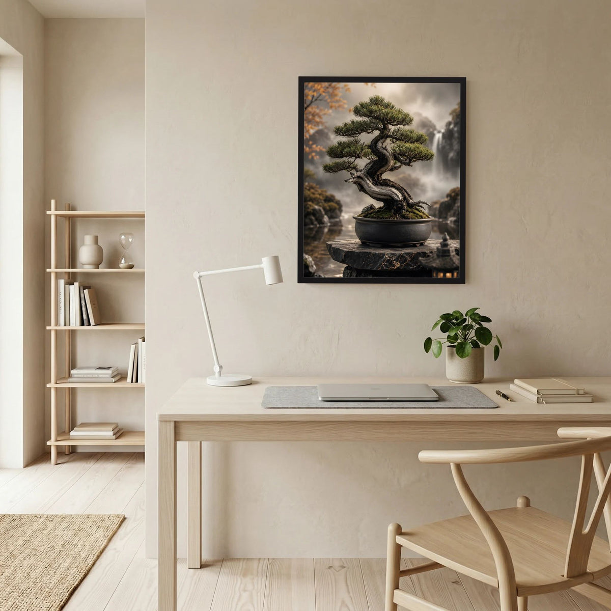 Bonsai-Baum-Zenposter im Hochformat im schwarzen Rahmen: grüner Bonsai in Schale