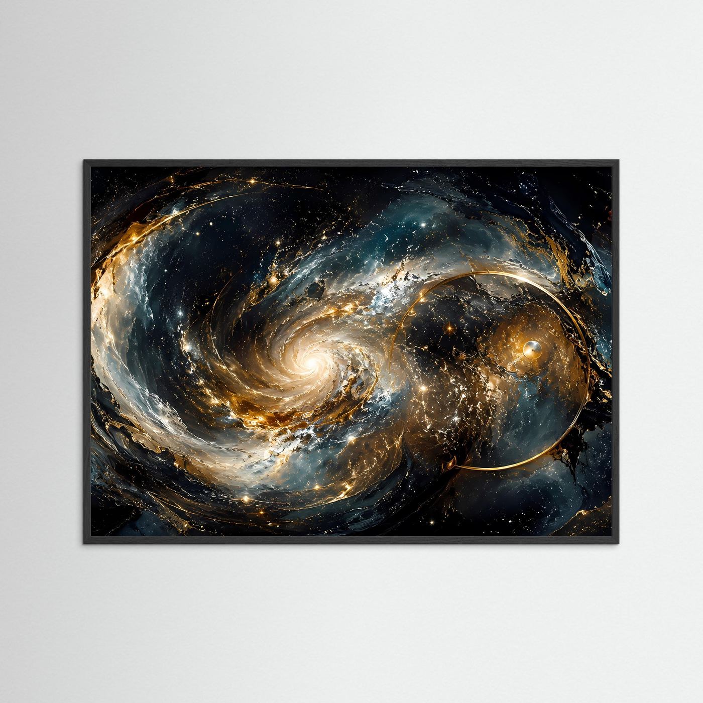 Faszinierender Galaxie-Wirbel mit Goldakzenten | Modernes Weltraum & Kunst Poster Querformat