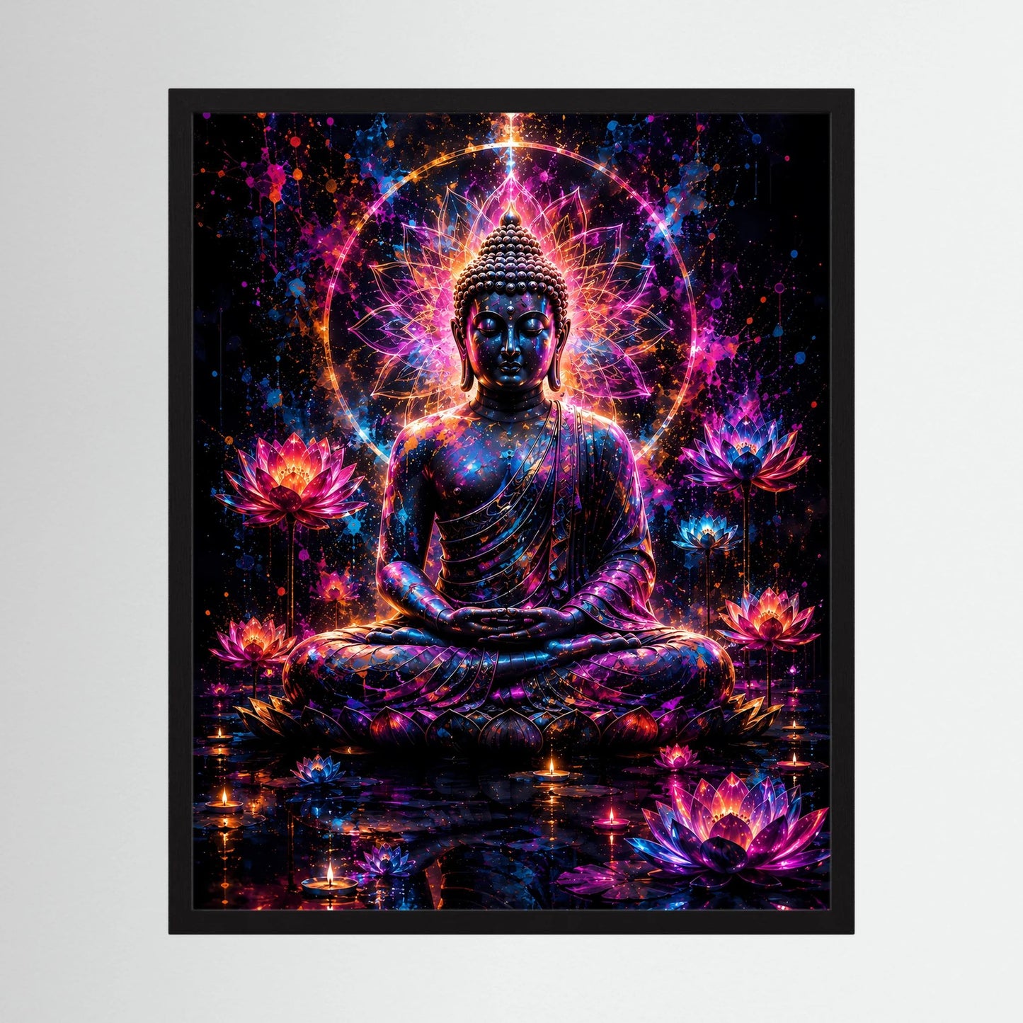 Meditationsposter mit Buddha-Silhouette im Neon-Lotus-Licht, umgeben von Glitzer-Farben