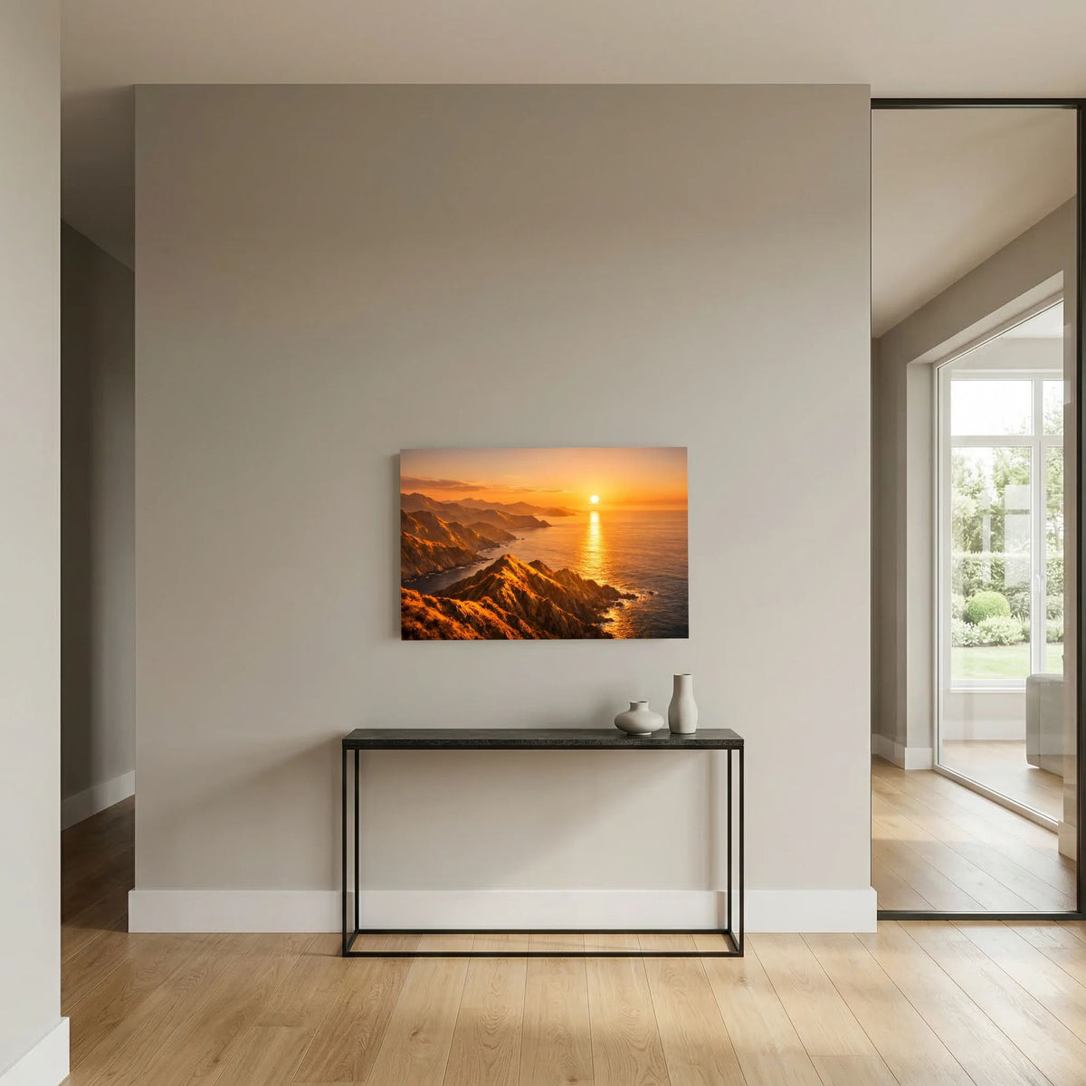 Wandbild im Flur-Bereich: Sonnenuntergang über Küstenklippen, orangefarbener Himmel über Wasser