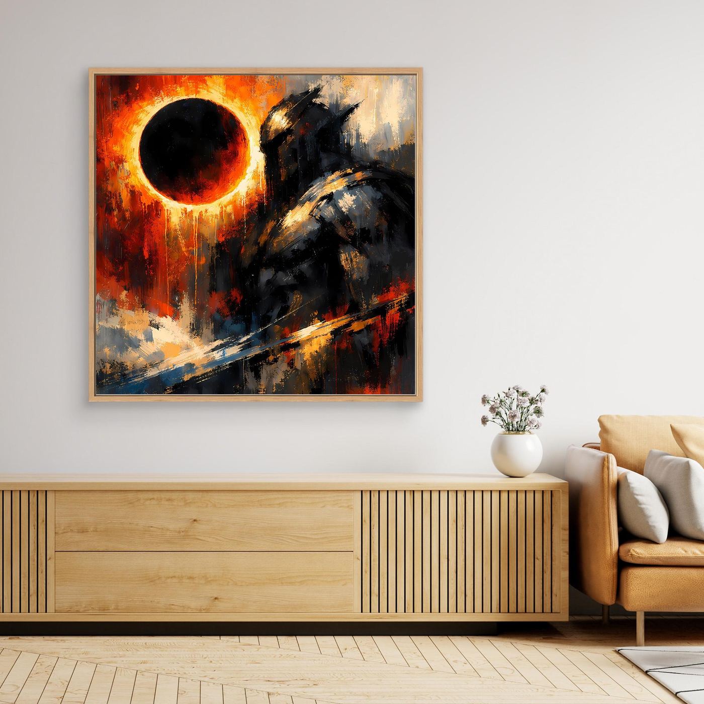 Abstraktes Fantasy-Wandbild: kosmischer Ritter mit Sonnenfinsternis, im Holzrahmen