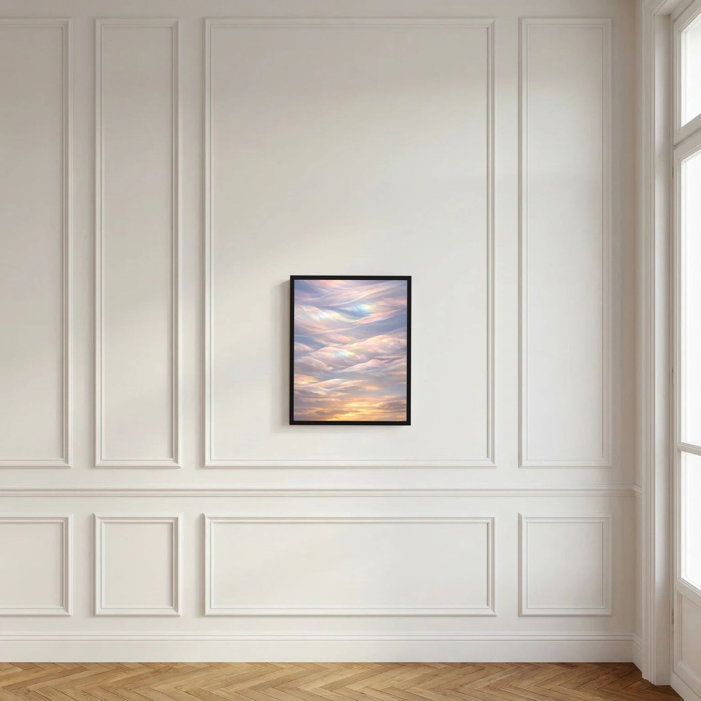 Gerahmtes Wandposter mit pastellfarbenen Wolken und Sonnenuntergang, schimmernde Wolkenstreifen