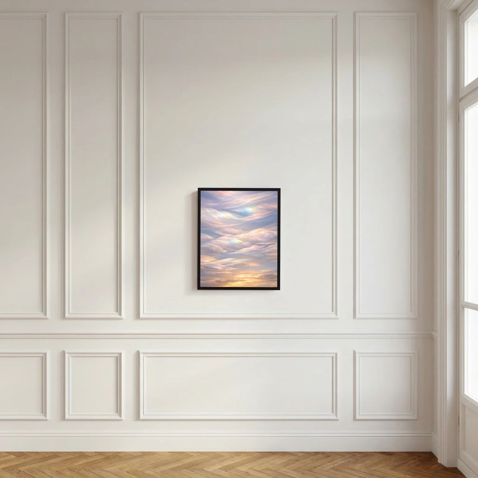 Gerahmtes Wandposter mit pastellfarbenen Wolken und Sonnenuntergang, schimmernde Wolkenstreifen