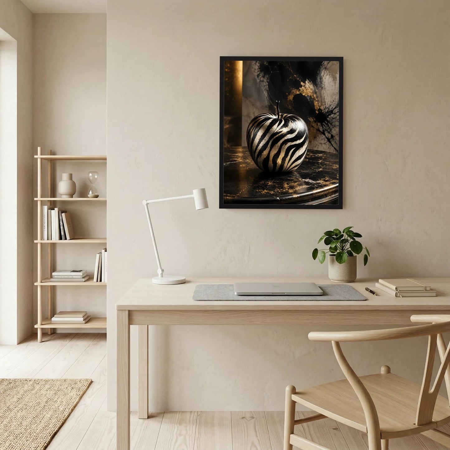 Kunstposter im schwarzen Rahmen: Zebra-Apfel Schwarz-Weiß mit goldenen Reflexen