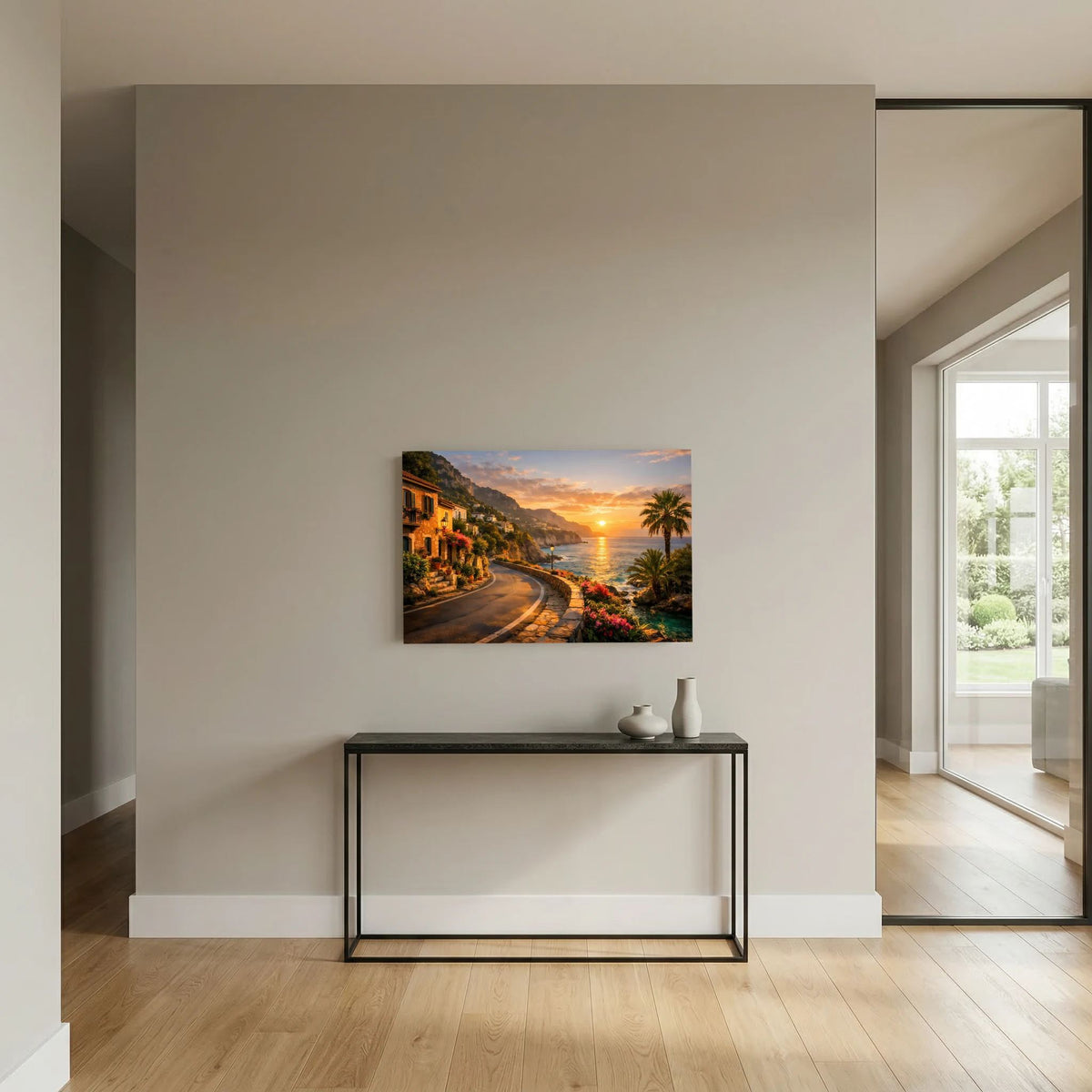 Wandbild im Querformat mit Küstenlandschaft, Meerwasser und Palmen bei Sonnenuntergang