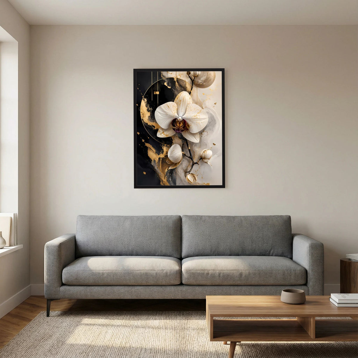 Gerahmter hochformatiger Kunstdruck mit weißer Orchidee und goldenen Linien auf dunklem Hintergrund