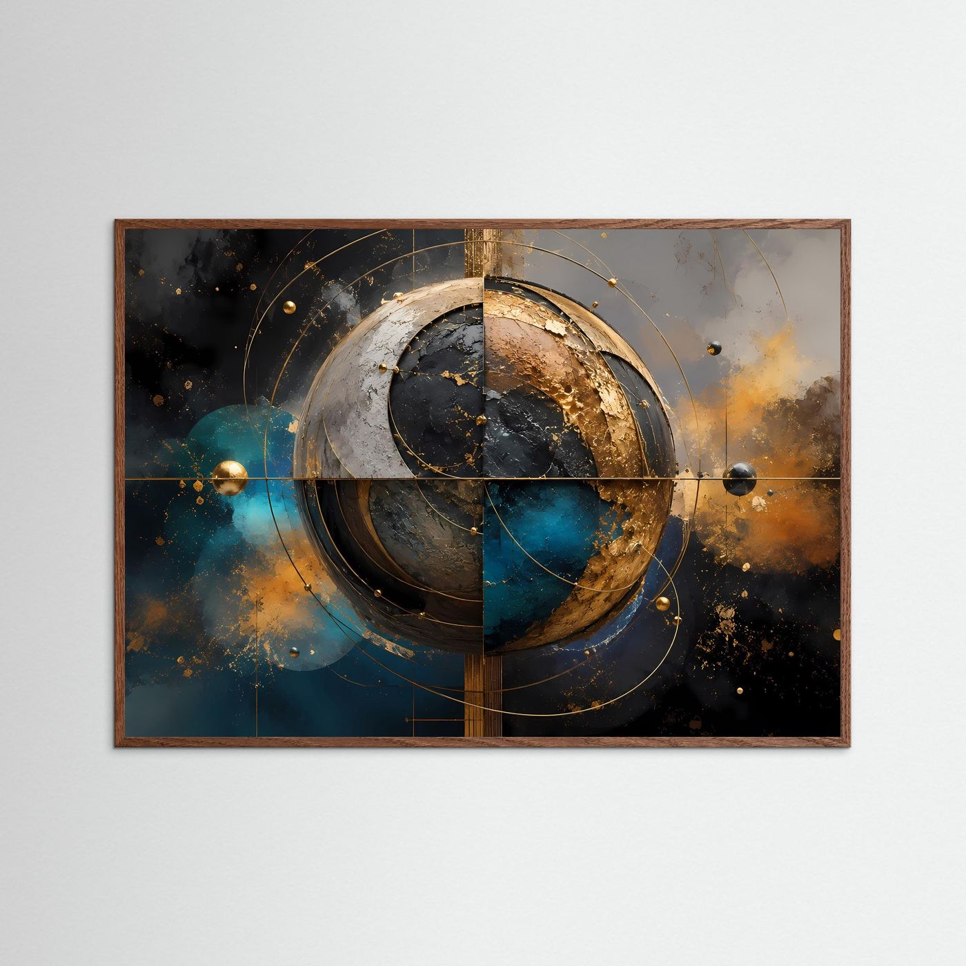 Abstrakte Goldene Planetensphäre | Moderne Kosmische Geometrie Kunst Querformat