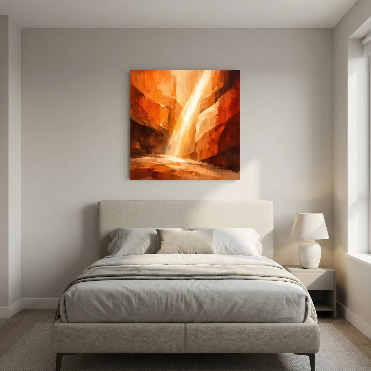 Abstraktes Leinwand-Wandbild mit orangefarbenem Canyon und hellem Lichtstrahl in der Mitte