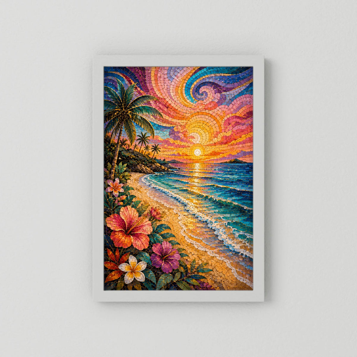 Tropischer Strand im Sonnenuntergang | Farbenfrohes Mosaik mit Palmen & Hibiskus | Poster Hochformat