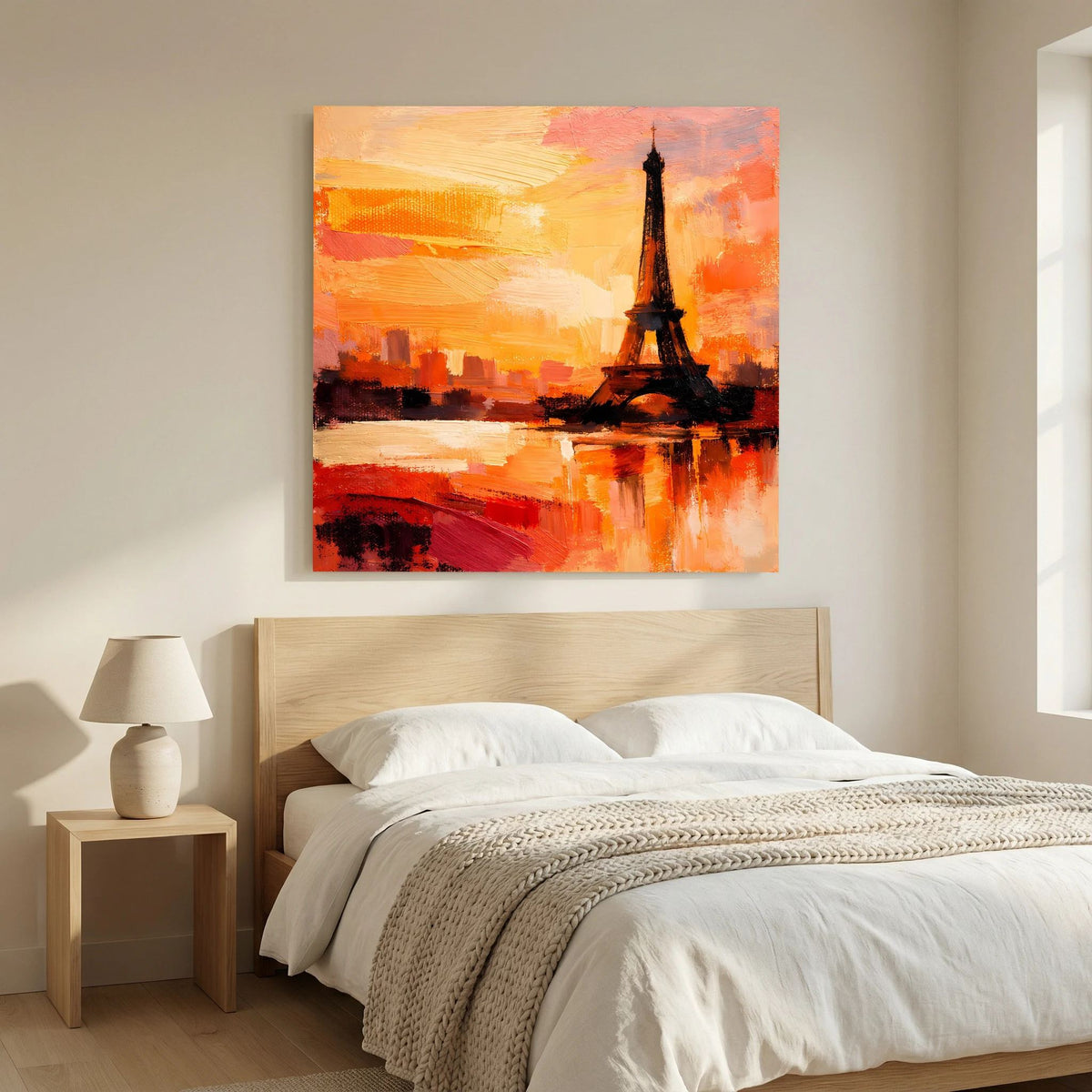 Leinwand Abstraktes Eiffelturm Paris Gemälde | Modernes Romantisches Wandbild Sonnenuntergang