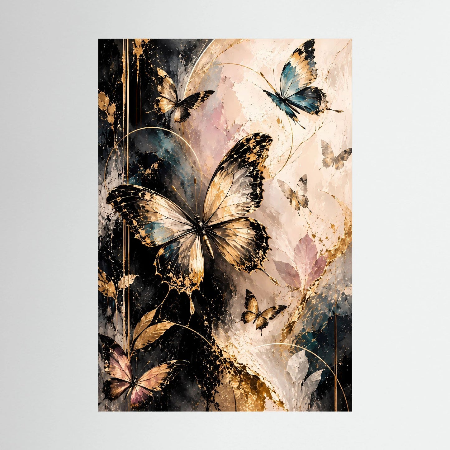 Abstraktes Schmetterlingsposter mit goldenen und schwarzen Flügeln, blauem Akzent, Hochformat