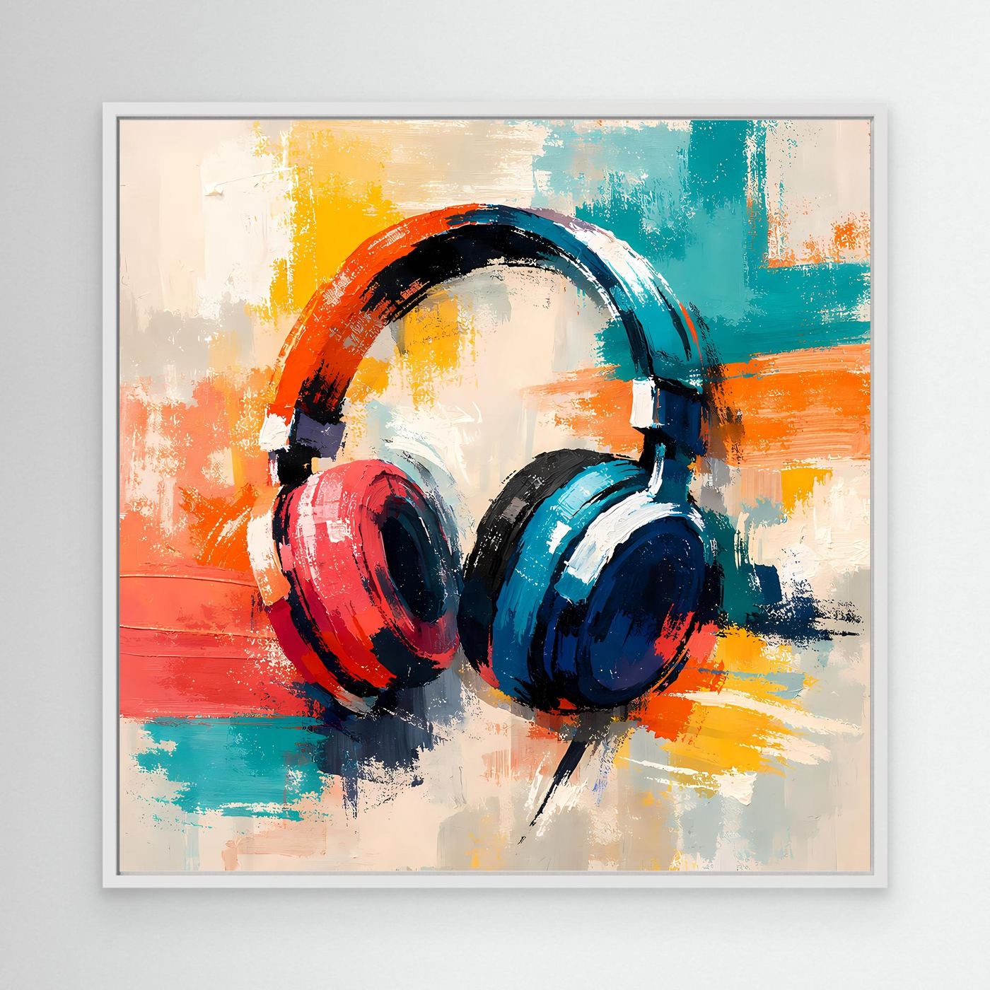 Abstract headphone wall art with white frame; red and teal headphone paint strokes