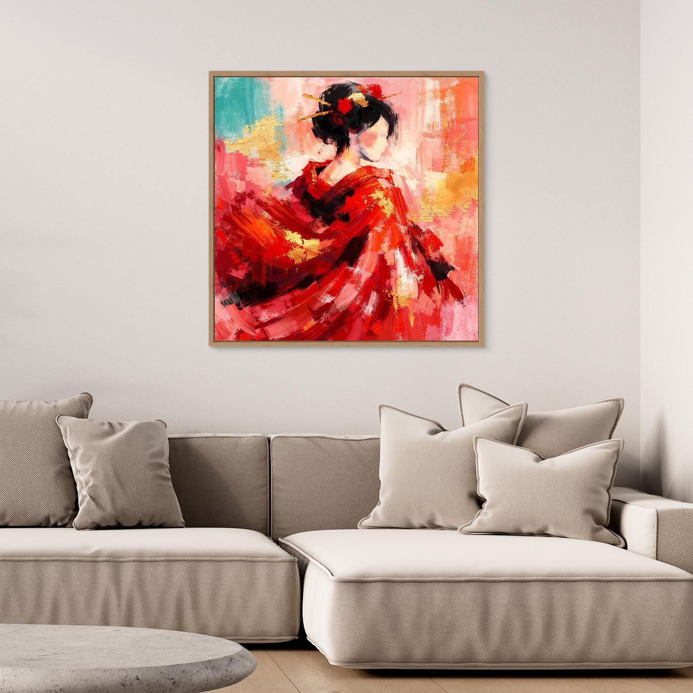 Gerahmtes abstraktes Leinwandbild: Geisha in Rot mit schwarzem Haar und goldenen Akzenten