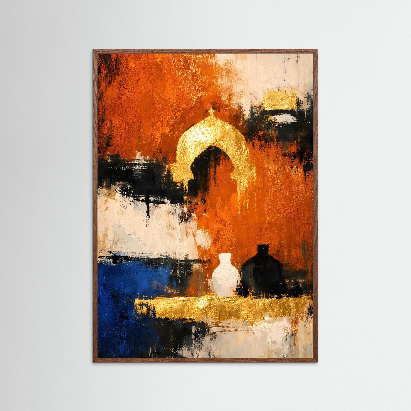 Abstraktes Stillleben mit braunem Holzrahmen: orange, blau, goldene Bogenform, schwarze Details